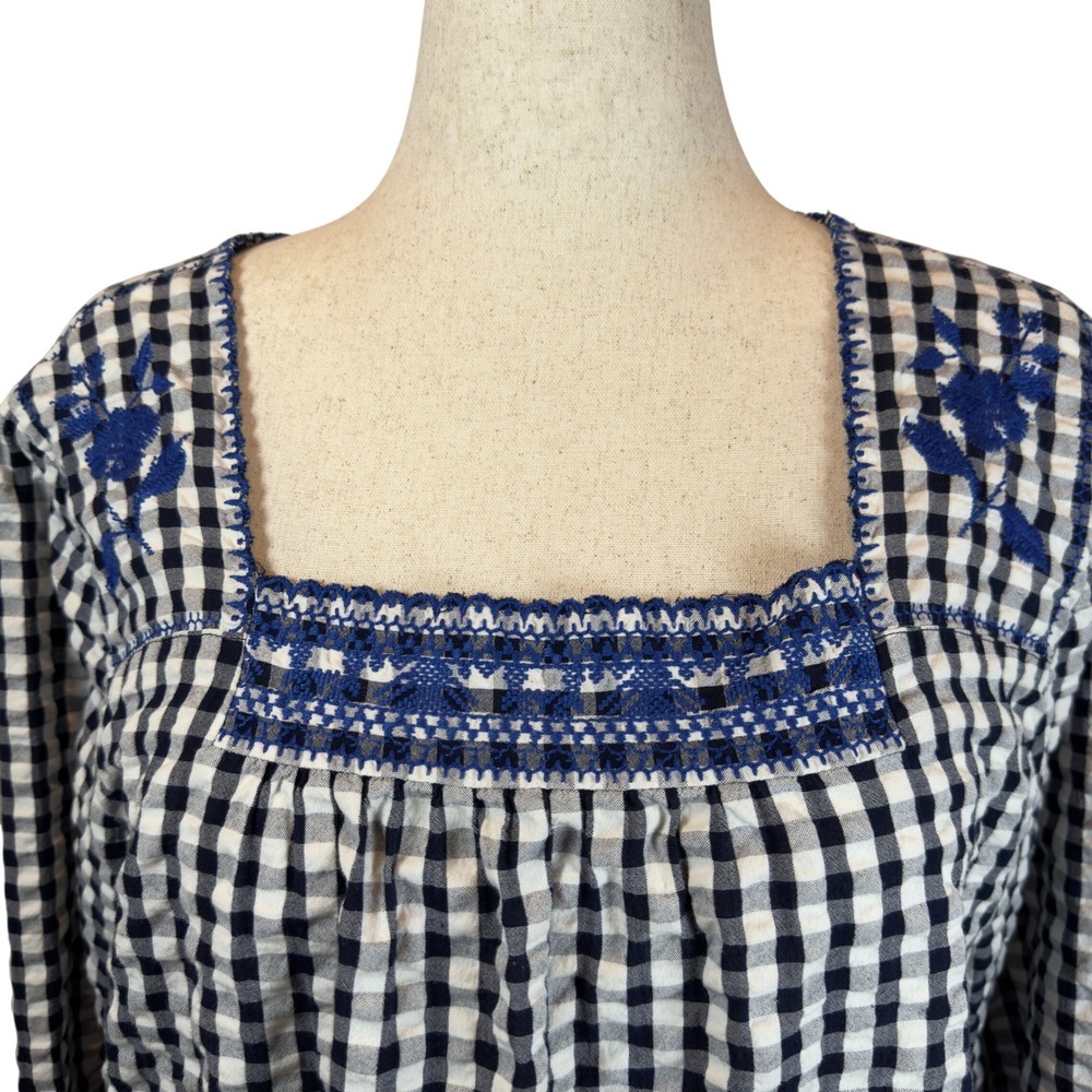 J. Crew Gingham Embroidered Square Neck Blouse XL Cottagecore Boho Cotton Top - Picture 2 of 7